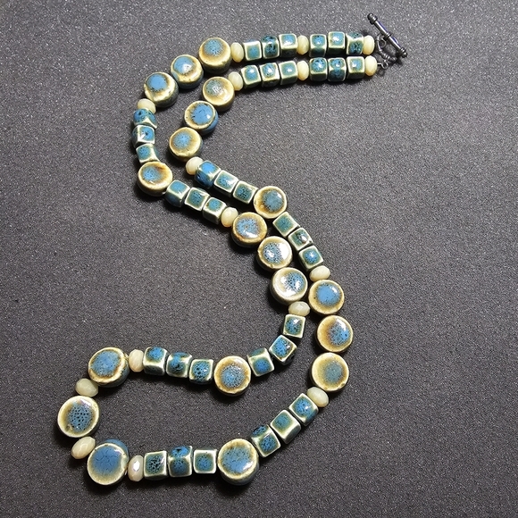 Boho Turquoise Ceramic/Porcelain Bead Statement Necklace Sterling Silver Clasp t - Picture 1 of 8